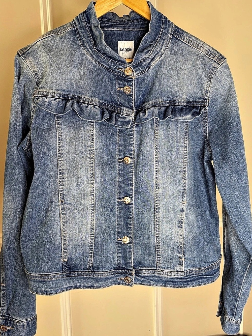 Kensie Light Blue Ruffle-Trim Denim Jacket